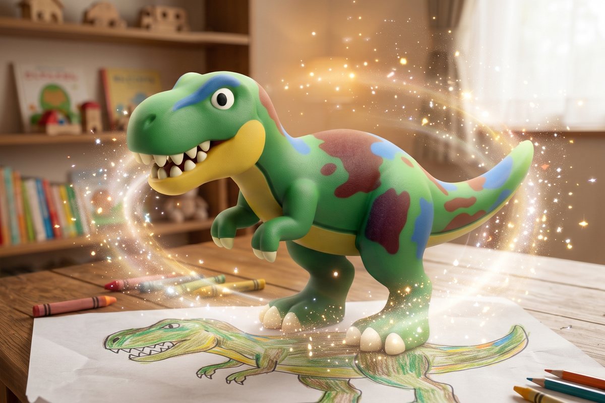 子どもが描いた恐竜の絵が3Dフィギュアになる様子のイメージ画像（実際の商品写真ではありません）